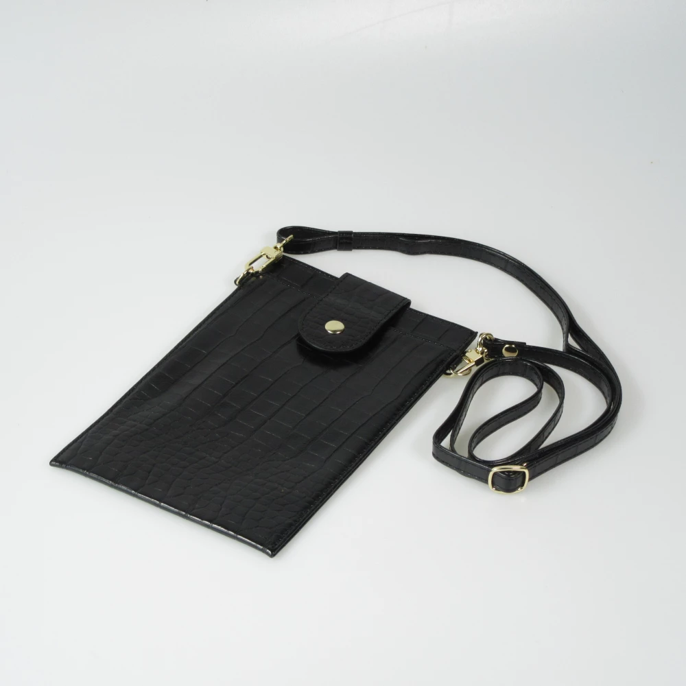 Portefeuille elégante universel pour smartphone luxueux en look cuir de crocodile avec lanière de cou - Noir