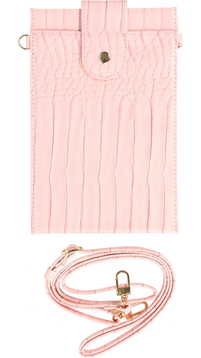 Portefeuille el&eacute;gante universel pour smartphone luxueux en look cuir de crocodile avec lani&egrave;re de cou - Rose