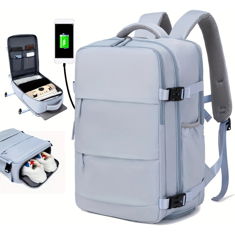 Sac à dos de voyage pour avion avec compartiment ordinateur portable et chaussures et port USB - Vert