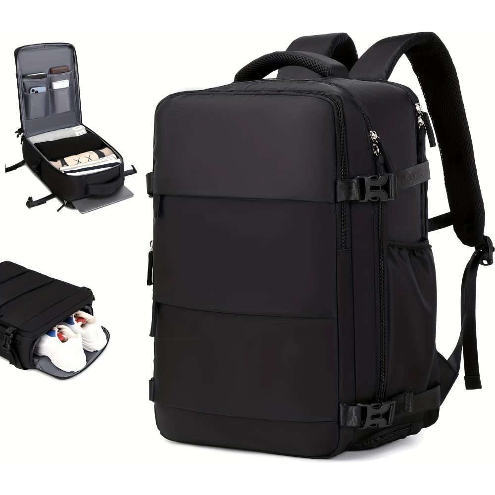 Reiserucksack für Flugreisen mit Laptop- und Schuhfach sowie USB-Anschluss - Schwarz