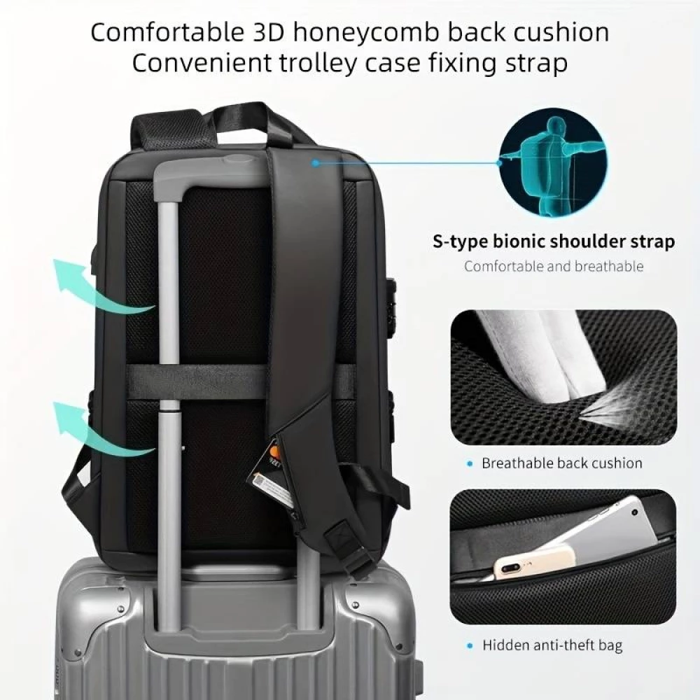 Sportlicher Reise Rucksack erweiterbares Packvolumen 20 - 35 Liter mit Zahlenschloss und USB-Adapter - Schwarz