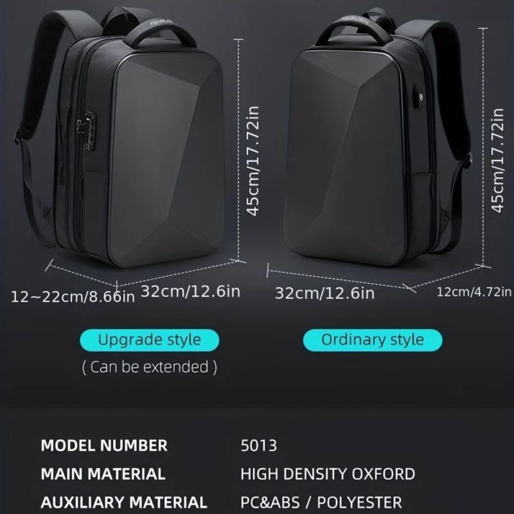 Sportlicher Reise Rucksack erweiterbares Packvolumen 20 - 35 Liter mit Zahlenschloss und USB-Adapter - Schwarz