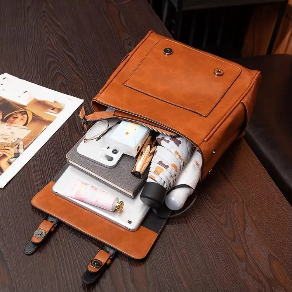Handtasche / Fashion-Rucksack Retrolook Leder für Tablet, Bücher und Kamera - Schwarz