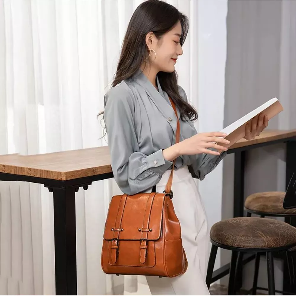 Handtasche / Fashion-Rucksack Retrolook Leder für Tablet, Bücher und Kamera - Schwarz