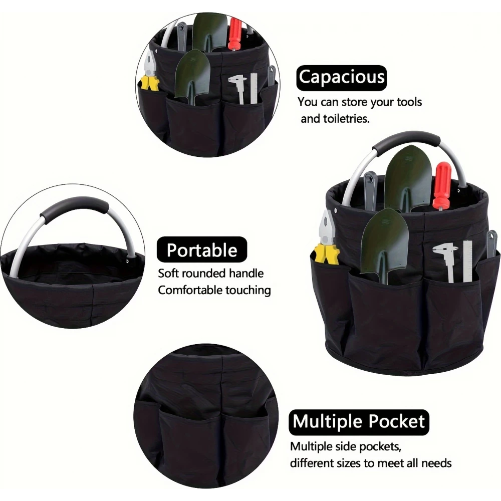 Faltbarer Multifunktions-Garten-/Haushaltstasche aus Stoff mit Taschen und Fächern für Werkzeuge - Schwarz