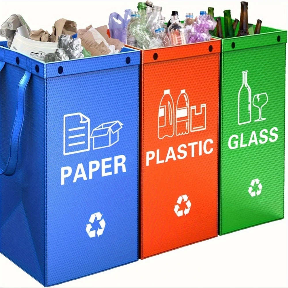 Sacs poubelle pliable 3 en 1 avec 3 couleurs pour tri des d&eacute;ch&ecirc;ts (papier / plastique / verre)