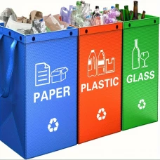 Sacs poubelle pliable 3 en 1 avec 3 couleurs pour tri des d&eacute;ch&ecirc;ts (papier / plastique / verre)