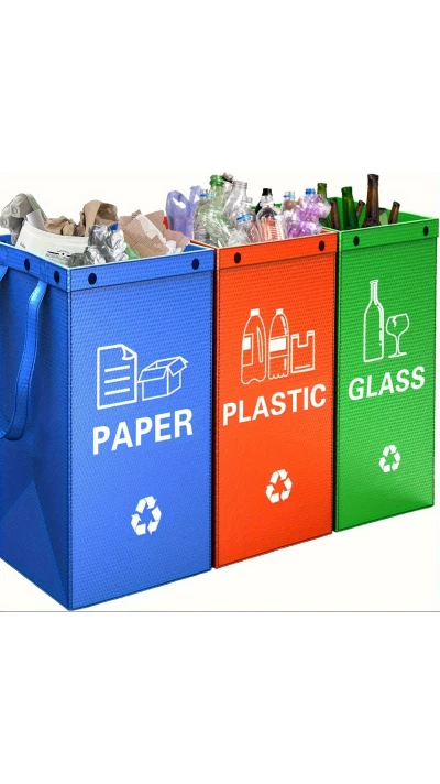 Sacs poubelle pliable 3 en 1 avec 3 couleurs pour tri des d&eacute;ch&ecirc;ts (papier / plastique / verre)