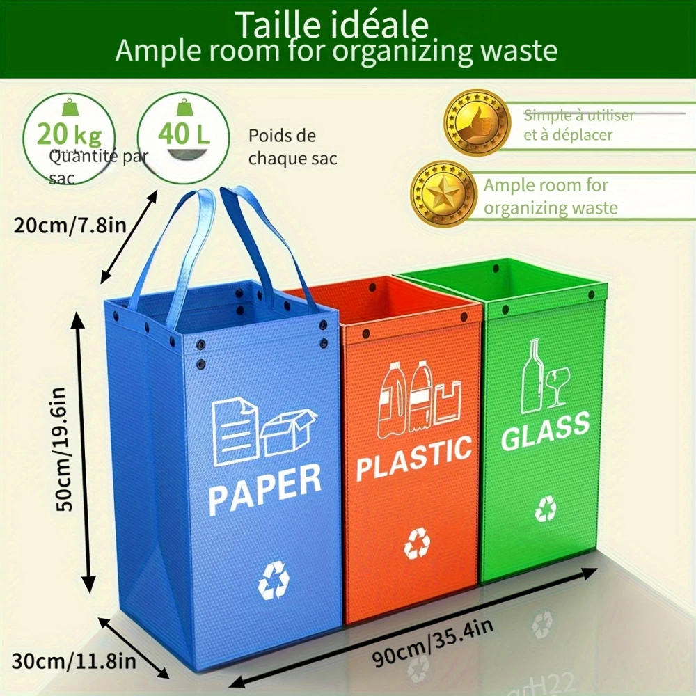 Sacs poubelle pliable 3 en 1 avec 3 couleurs pour tri des d&eacute;ch&ecirc;ts (papier / plastique / verre)