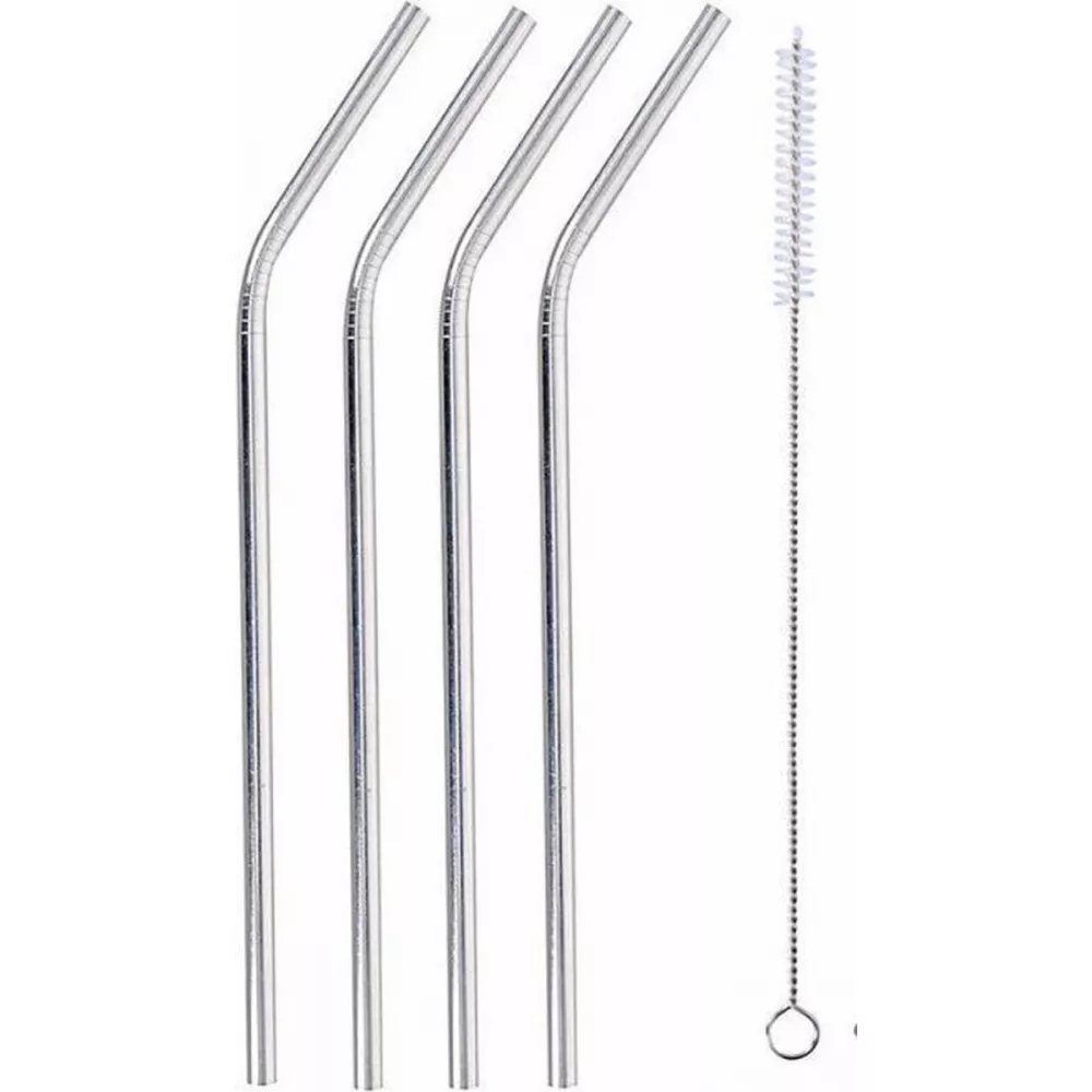 Set de pailles en acier inoxydable avec sac et brosse de nettoyage - 4 pièces, - Argent