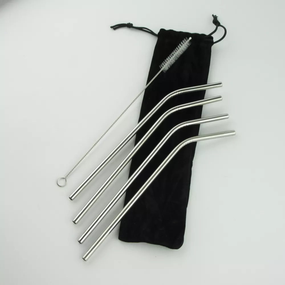 Set de pailles en acier inoxydable avec sac et brosse de nettoyage - 4 pièces, - Argent