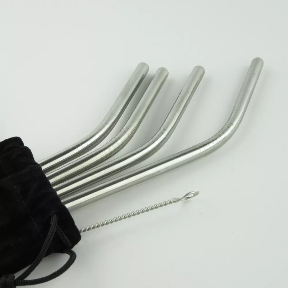 Set de pailles en acier inoxydable avec sac et brosse de nettoyage - 4 pièces, - Argent