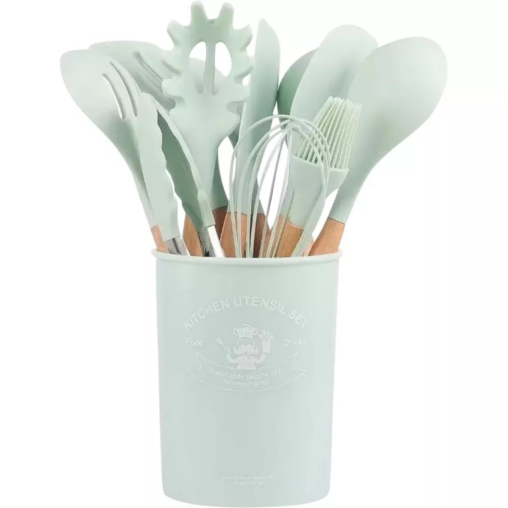 Vollständiges Set mit verschiedenen Küchenutensilien Ecofriendly Silikon 11 Stück - Hellgrün