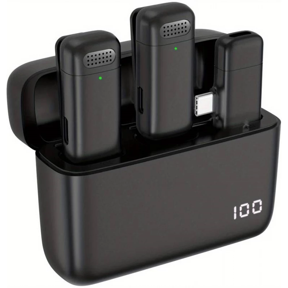 Set aus 2 Lavalier-Krawattenmikrofonen Professional Wireless Bluetooth 5.3 mit USB-C-Empfänger & Ladeetui - Schwarz