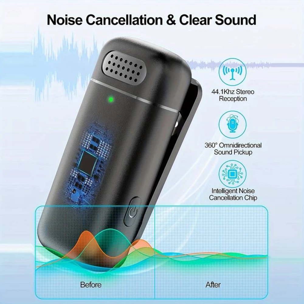 Set aus 2 Lavalier-Krawattenmikrofonen Professional Wireless Bluetooth 5.3 mit USB-C-Empfänger & Ladeetui - Schwarz