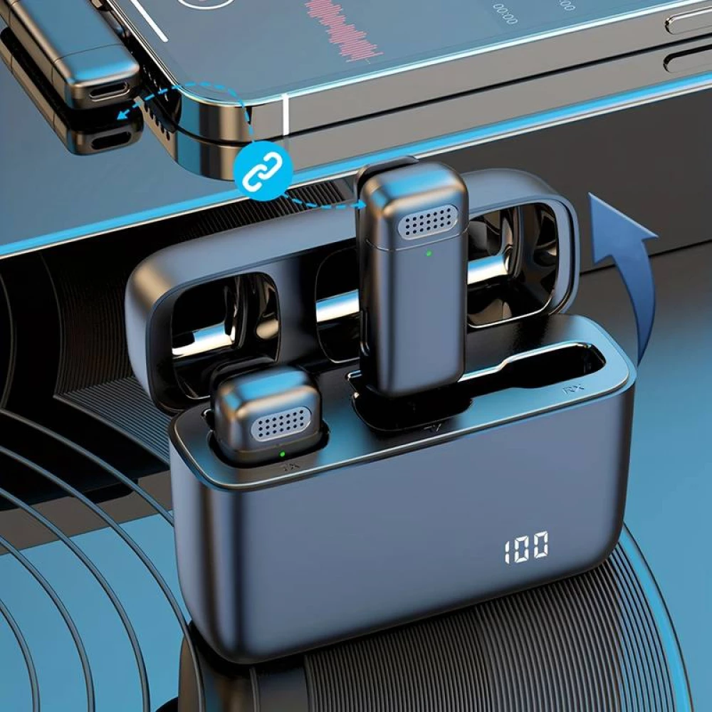 Set aus 2 Lavalier-Krawattenmikrofonen Professional Wireless Bluetooth 5.3 mit USB-C-Empfänger & Ladeetui - Schwarz