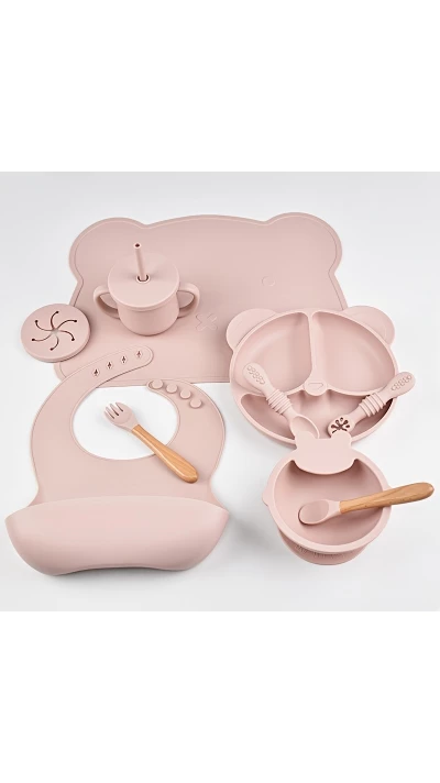 Baby-Silikon-Set 10 Teile (Teller/Sch&uuml;ssel/L&auml;tzchen/Tasse/L&ouml;ffel/Gabel) - Rosa