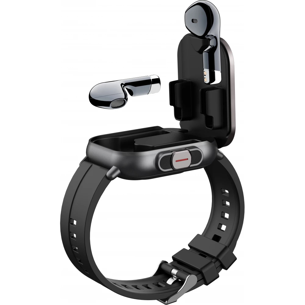 Smartwatch 2 en 1 avec &eacute;couteurs sans fil TWS Bluetooth int&eacute;gr&eacute;s - Bracelet silicone noir