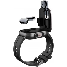 Smartwatch 2 en 1 avec &eacute;couteurs sans fil TWS Bluetooth int&eacute;gr&eacute;s - Bracelet silicone noir