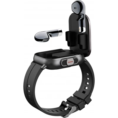 Smartwatch 2 en 1 avec &eacute;couteurs sans fil TWS Bluetooth int&eacute;gr&eacute;s - Bracelet silicone noir