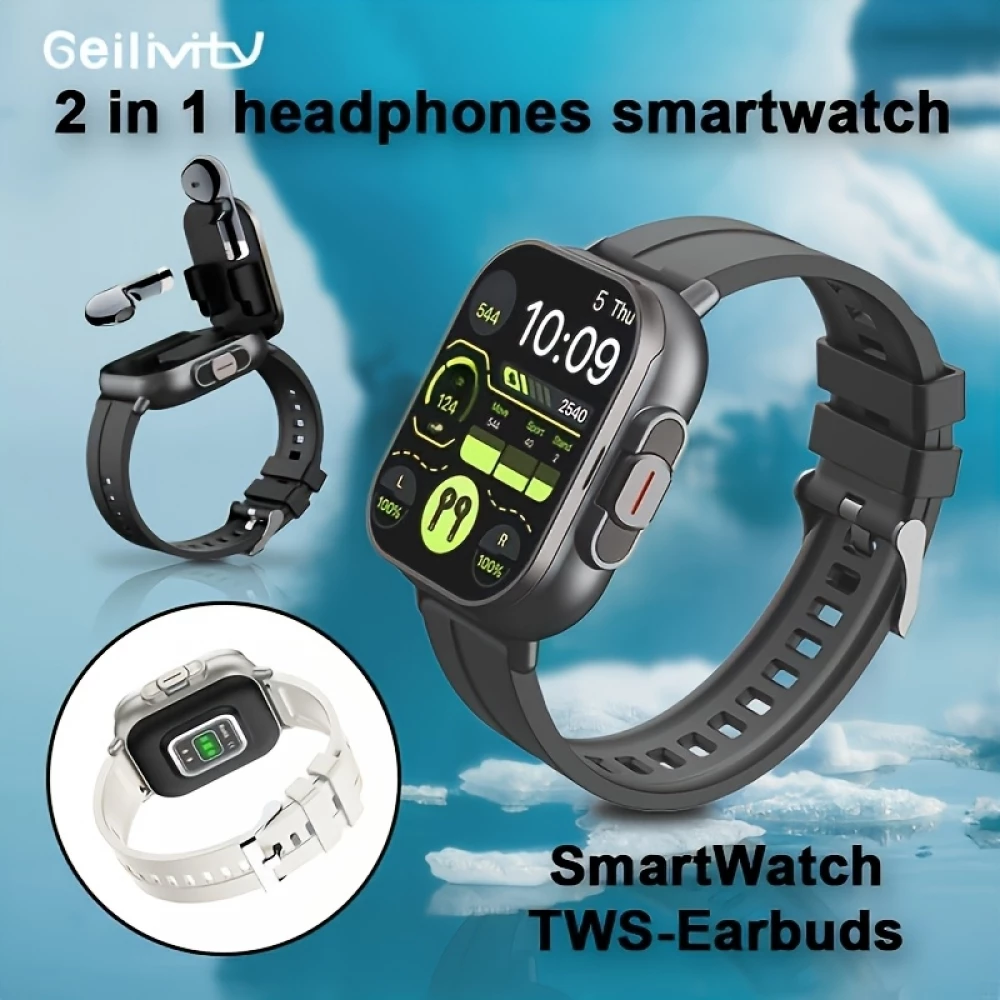 Smartwatch 2 en 1 avec &eacute;couteurs sans fil TWS Bluetooth int&eacute;gr&eacute;s - Bracelet silicone noir