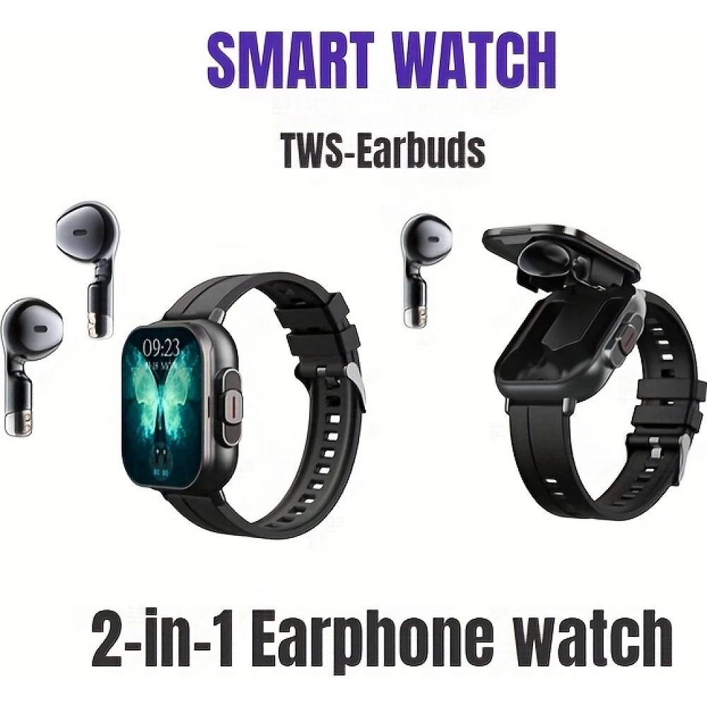 Smartwatch 2 en 1 avec &eacute;couteurs sans fil TWS Bluetooth int&eacute;gr&eacute;s - Bracelet silicone noir
