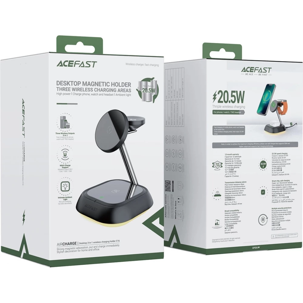 3 in 1 Acefast E16 15W induktive Ladestation Schnellladung für iPhone / AirPods / Apple Watch - Schwarz