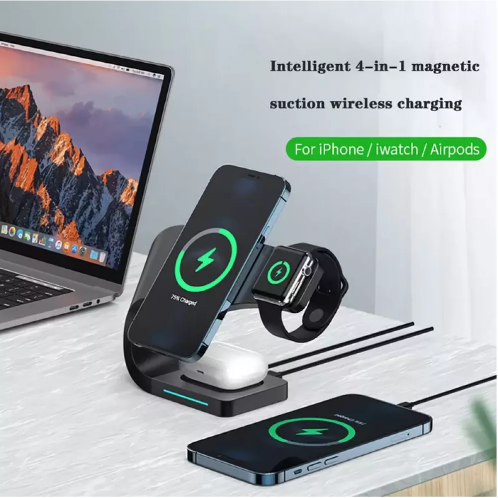 Magnetische Wireless Ladestation 15W für iPhone - Apple Watch, AirPods - Schwarz