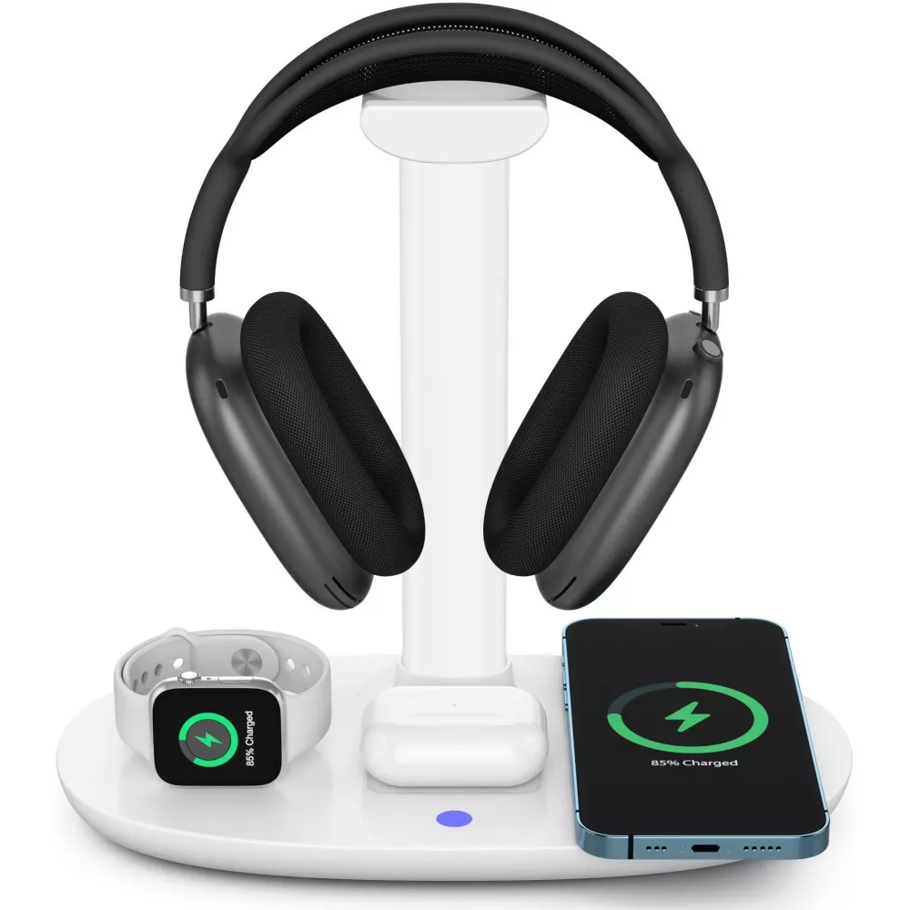 4 in 1 moderne 30W Ladestation wireless mit Kopfhörerhalterung  für AirPods Max, Apple iPhone, Apple Watch, AirPods - Weiss