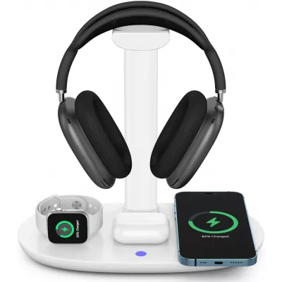 Station de charge 4 en 1 moderne 30W sans fil avec support casque pour AirPods Max, iPhone, Apple Watch, AirPods - Blanc
