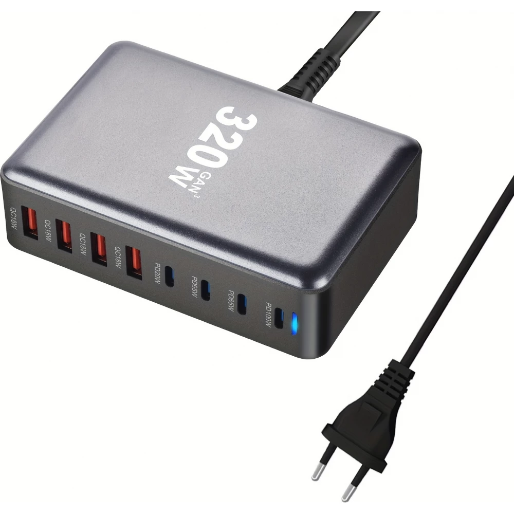 Schnellladegerät 320W Hub GaN III USB-C 8 Ports für PC/Tablet/Smartphone mit CH/EU Stecker - Grau