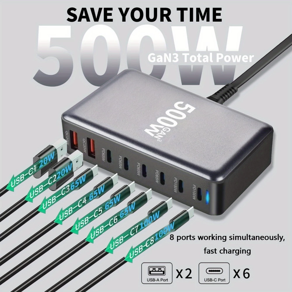 Schnellladeger&auml;t 500W 8 Ports USB PD Quick Charge 3.0 USB-C mit Kabel CH/EU Stecker LED-Anzeige - Grau