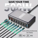 Schnellladeger&auml;t 500W 8 Ports USB PD Quick Charge 3.0 USB-C mit Kabel CH/EU Stecker LED-Anzeige - Grau