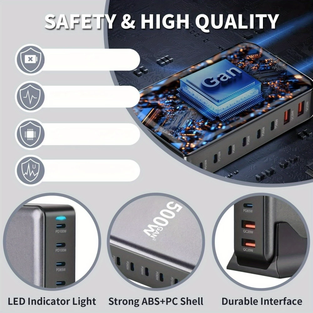 Schnellladeger&auml;t 500W 8 Ports USB PD Quick Charge 3.0 USB-C mit Kabel CH/EU Stecker LED-Anzeige - Grau