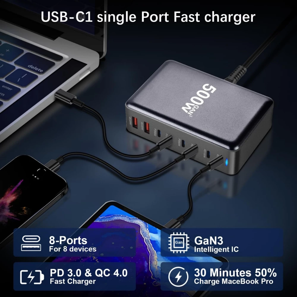 Schnellladeger&auml;t 500W 8 Ports USB PD Quick Charge 3.0 USB-C mit Kabel CH/EU Stecker LED-Anzeige - Grau