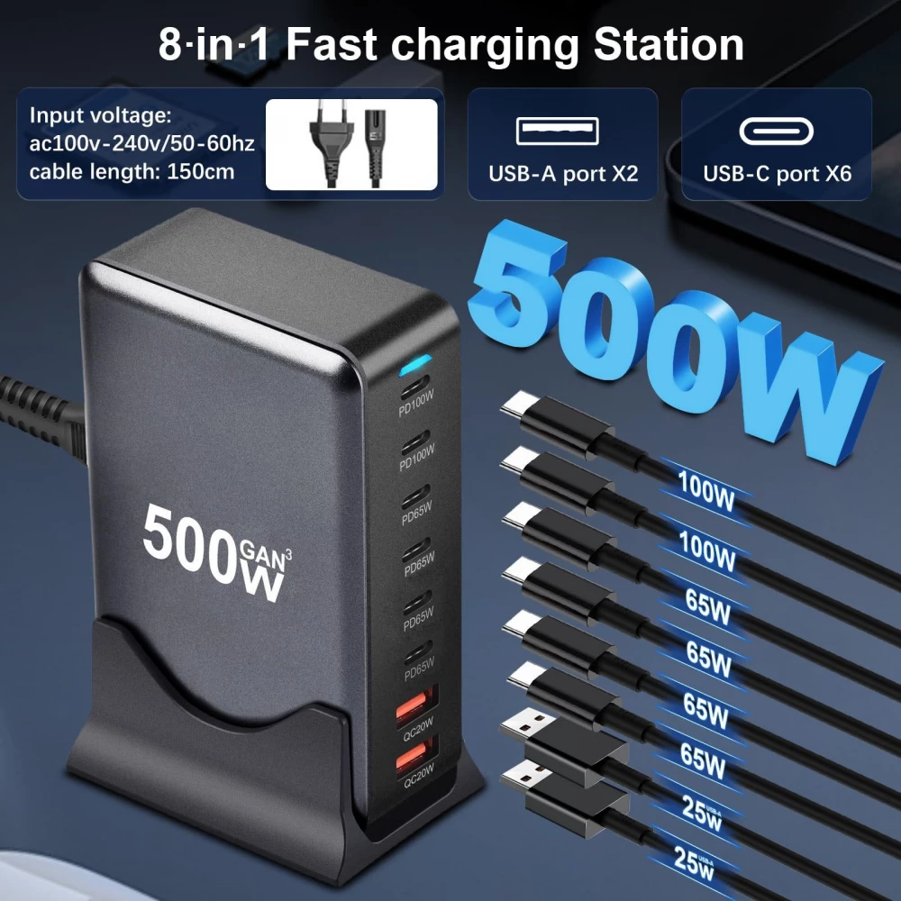 Schnellladeger&auml;t 500W 8 Ports USB PD Quick Charge 3.0 USB-C mit Kabel CH/EU Stecker LED-Anzeige - Grau