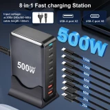 Schnellladeger&auml;t 500W 8 Ports USB PD Quick Charge 3.0 USB-C mit Kabel CH/EU Stecker LED-Anzeige - Grau