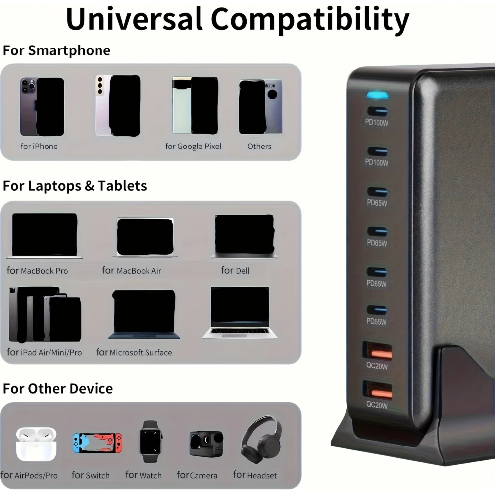 Schnellladeger&auml;t 500W 8 Ports USB PD Quick Charge 3.0 USB-C mit Kabel CH/EU Stecker LED-Anzeige - Grau