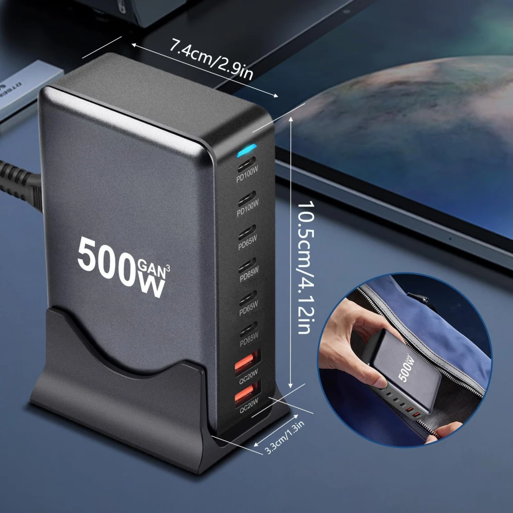 Schnellladeger&auml;t 500W 8 Ports USB PD Quick Charge 3.0 USB-C mit Kabel CH/EU Stecker LED-Anzeige - Grau
