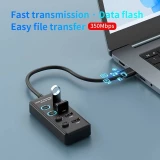 4-in-1 USB 2.0-Hub-Multiport-Station mit individuellem Ein- und Ausschalter und USB-C-Anschluss - Schwarz