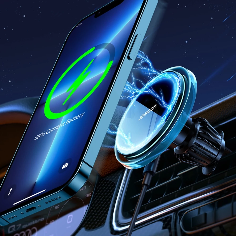 Support de t&eacute;l&eacute;phone voiture Joyroom avec chargeur inductif Qi 15W USB-C compatible MagSafe pour ventilation - Noir