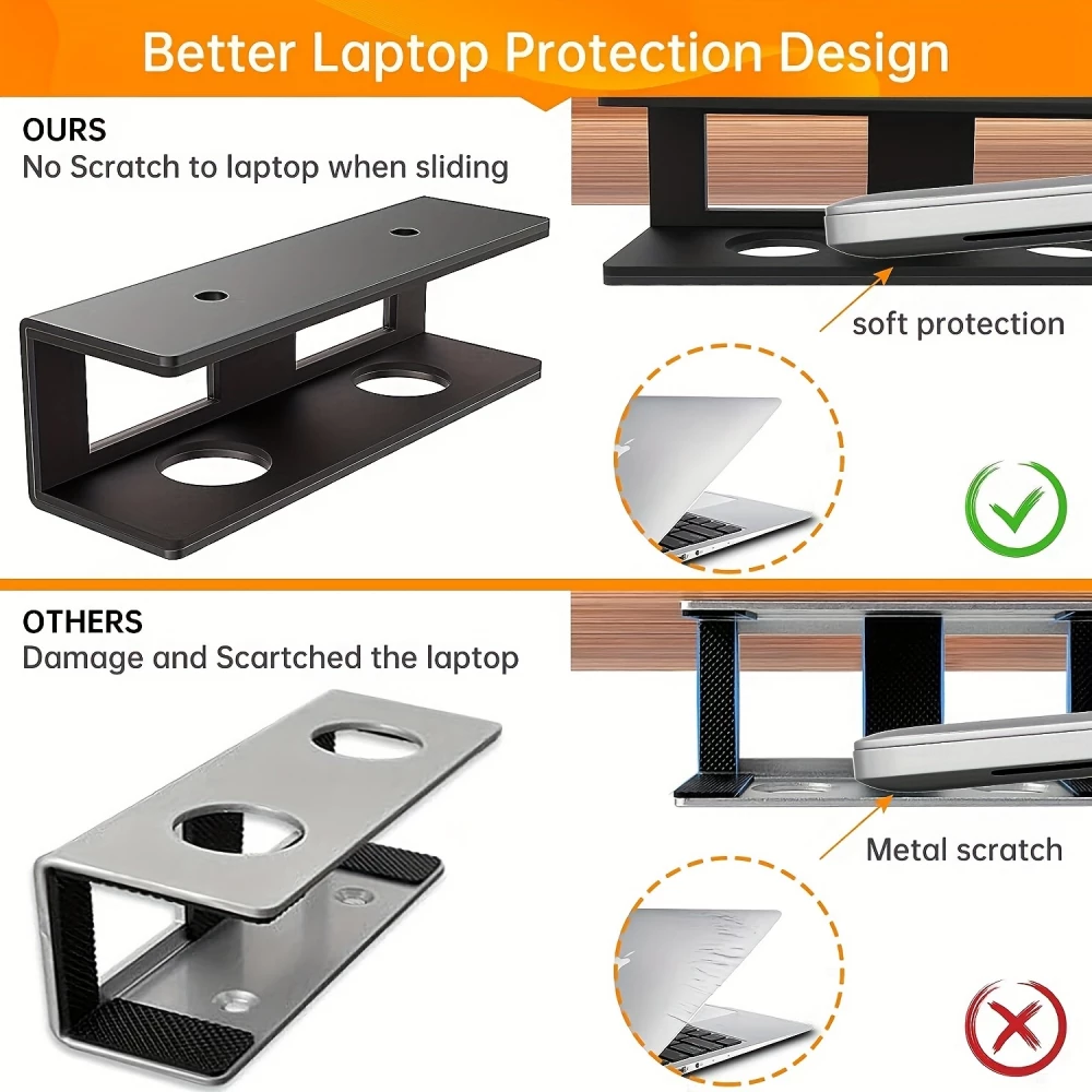 Support ordinateur portable discret &agrave; fixer sous le bureau avec vis (universel, taille adaptable) - Noir