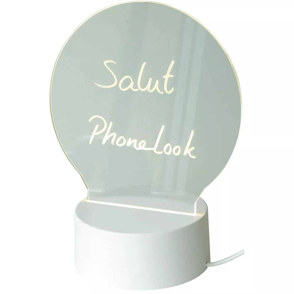 Tableau de messages lumière LED transparent avec verre rond et socle blanc