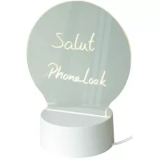 Tableau de messages lumière LED transparent avec verre rond et socle blanc