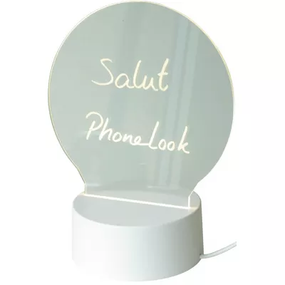 Tableau de messages lumière LED transparent avec verre rond et socle blanc