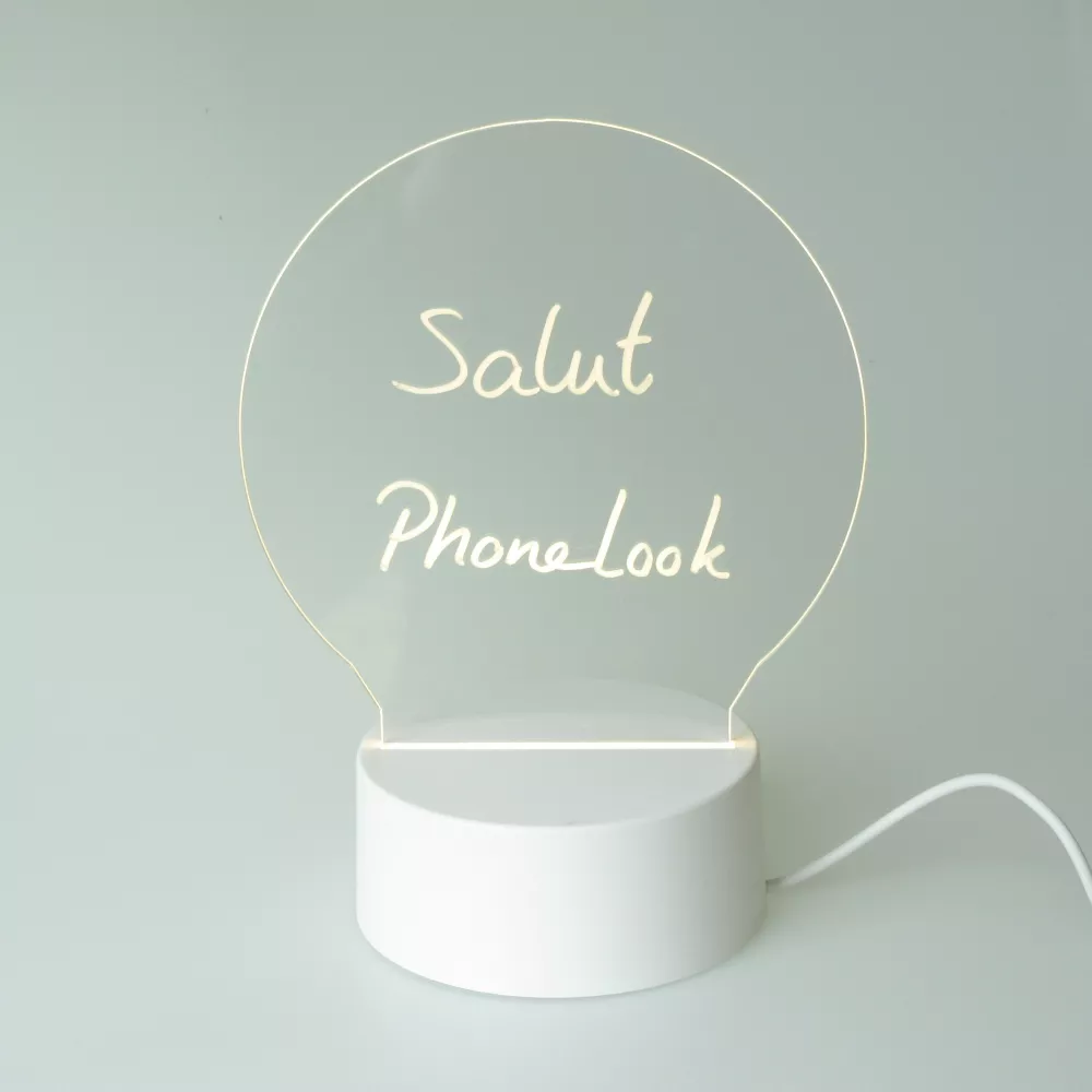 Tableau de messages lumière LED transparent avec verre rond et socle blanc