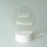 Tableau de messages lumière LED transparent avec verre rond et socle blanc