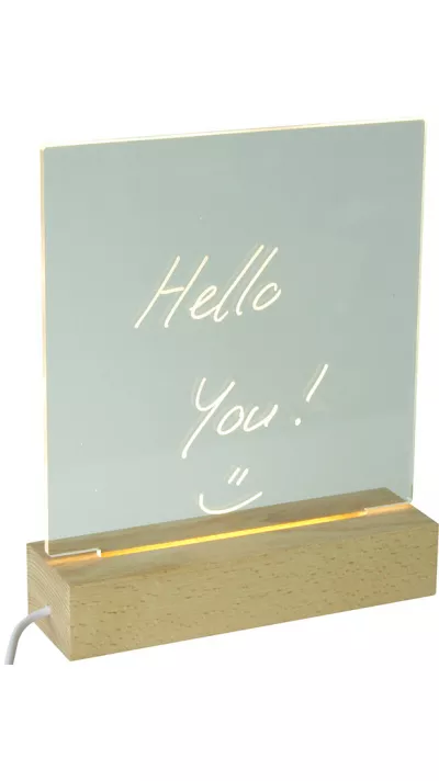 Tableau de messages transparent avec lumière LED et socle en bois