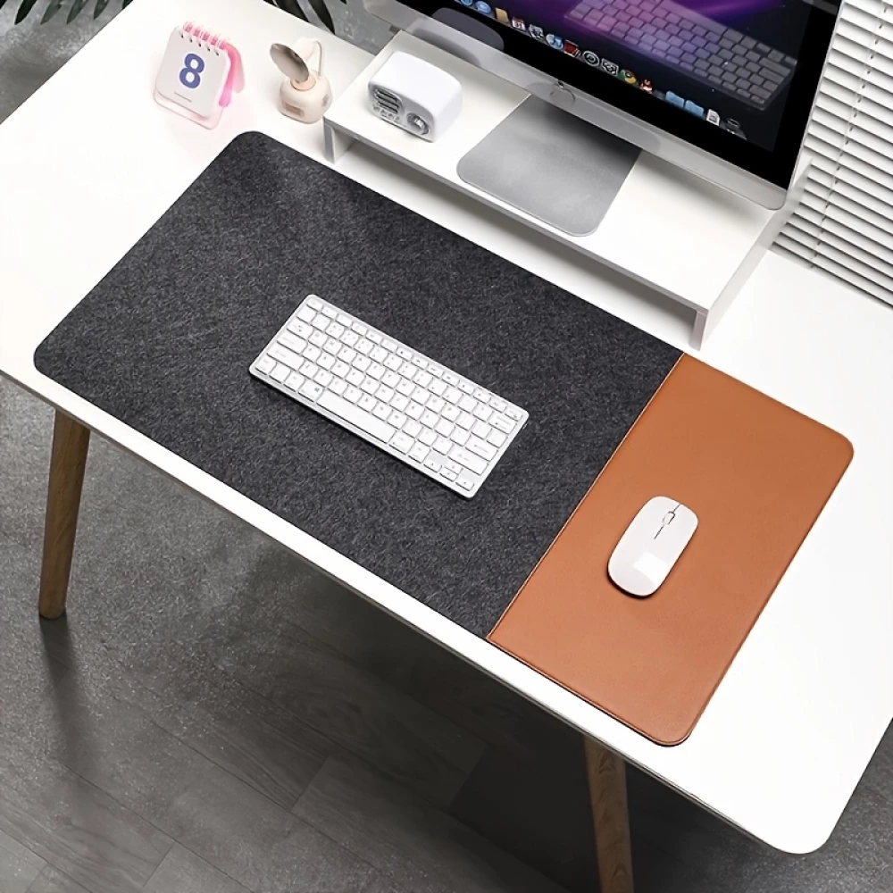 Tapis de souris surdimensionné antidérapant en feutre et similicuir pour bureau et gaming (80 x 40 cm) - Bicolor gris foncé / brun