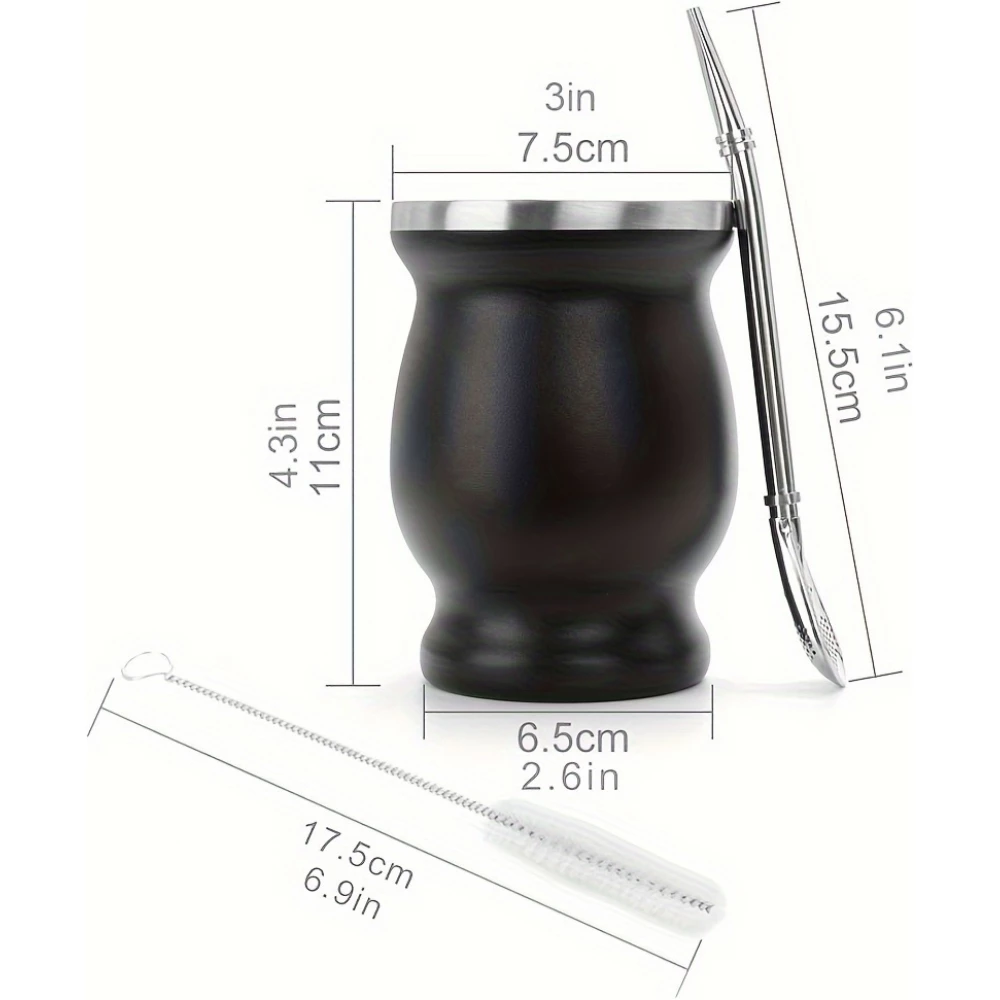 Yerba Mate Becher und Bombilla Set Edelstahl Vakuum (250 ml) mit Bürste - Schwarz